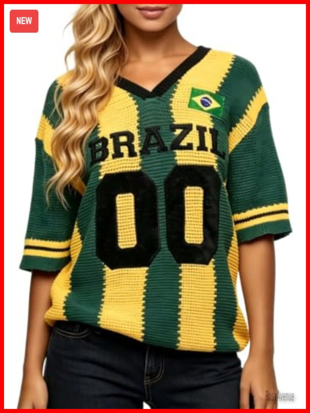 Oversized Crochet Knit Graphic Jersey Top V-Neck Short Sleeve Pullover